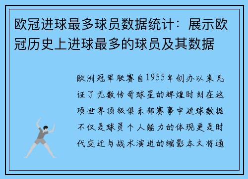 欧冠进球最多球员数据统计：展示欧冠历史上进球最多的球员及其数据